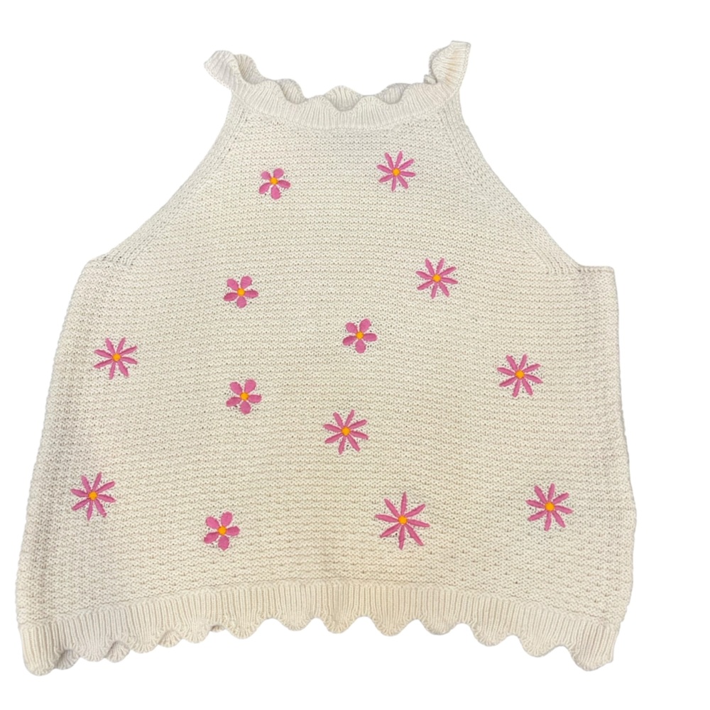 Old Navy Girls XL 12 Cream Knit Halter Top with Pink Floral Embroidery pastel